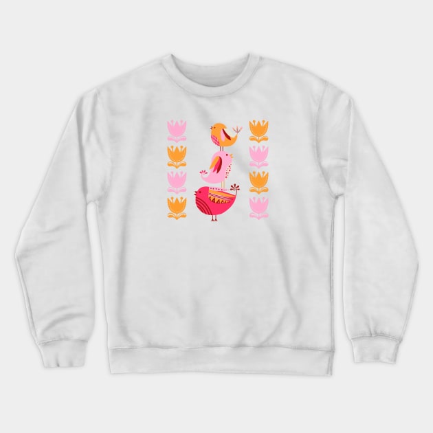 Happy Pink And Orange Birds And Blooms Crewneck Sweatshirt by LittleBunnySunshine